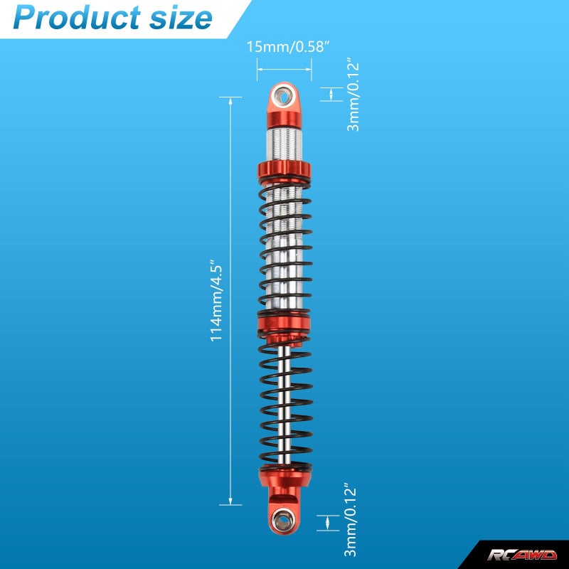 RCAWD 110mm Shock Absorber Damper Universal for a lot of 1/10 RC Hobby Cars, Full Aluminum RC Shock Upgrades, 7075 Adjustable Shocks with Spring 4pcs Hop Ups Parts Red - Image 2